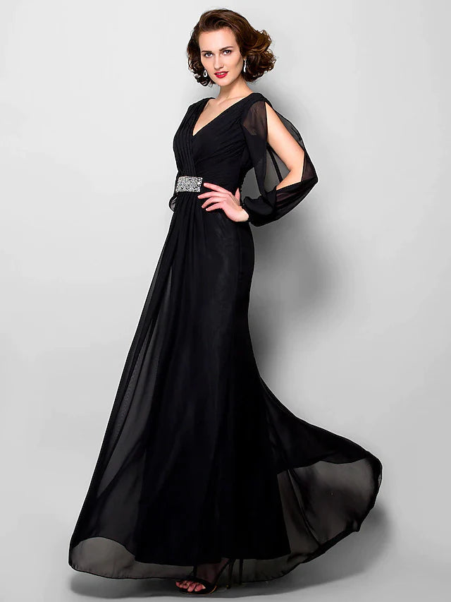 A-Line Mother of the Bride Dress Open Back V Neck Floor Length Chiffon Long Sleeve with Criss Cross