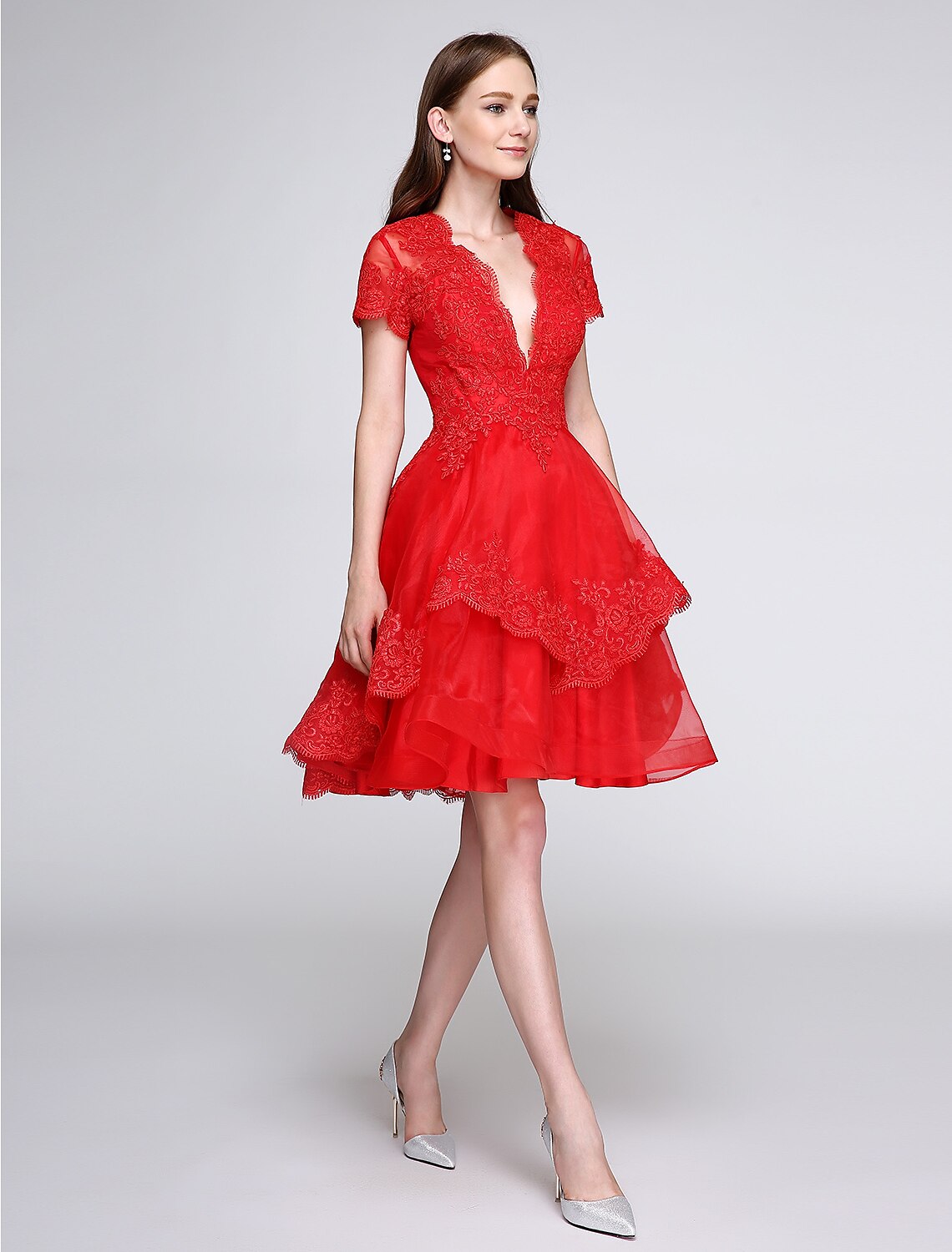 Ball Gown Cute Dress Cocktail Party Knee Length Short Sleeve Plunging Neck Organza with Buttons Appliques