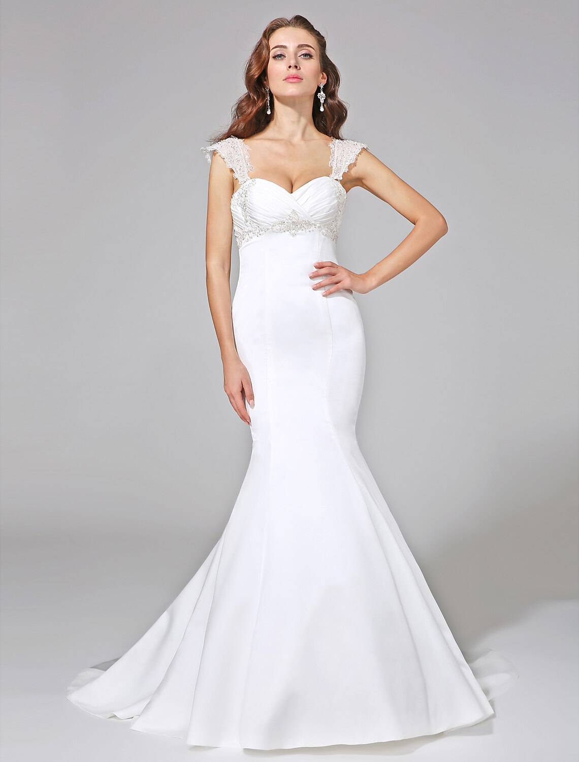 Wedding Dresses Mermaid / Trumpet Sweetheart Cap Sleeve Court Train Satin Bridal Gowns With Beading Criss-Cross