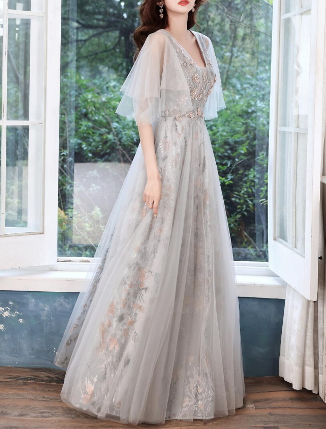 A-Line Color Block Elegant Party Wear Prom Dress V Neck Short Sleeve Floor Length Tulle with Appliques