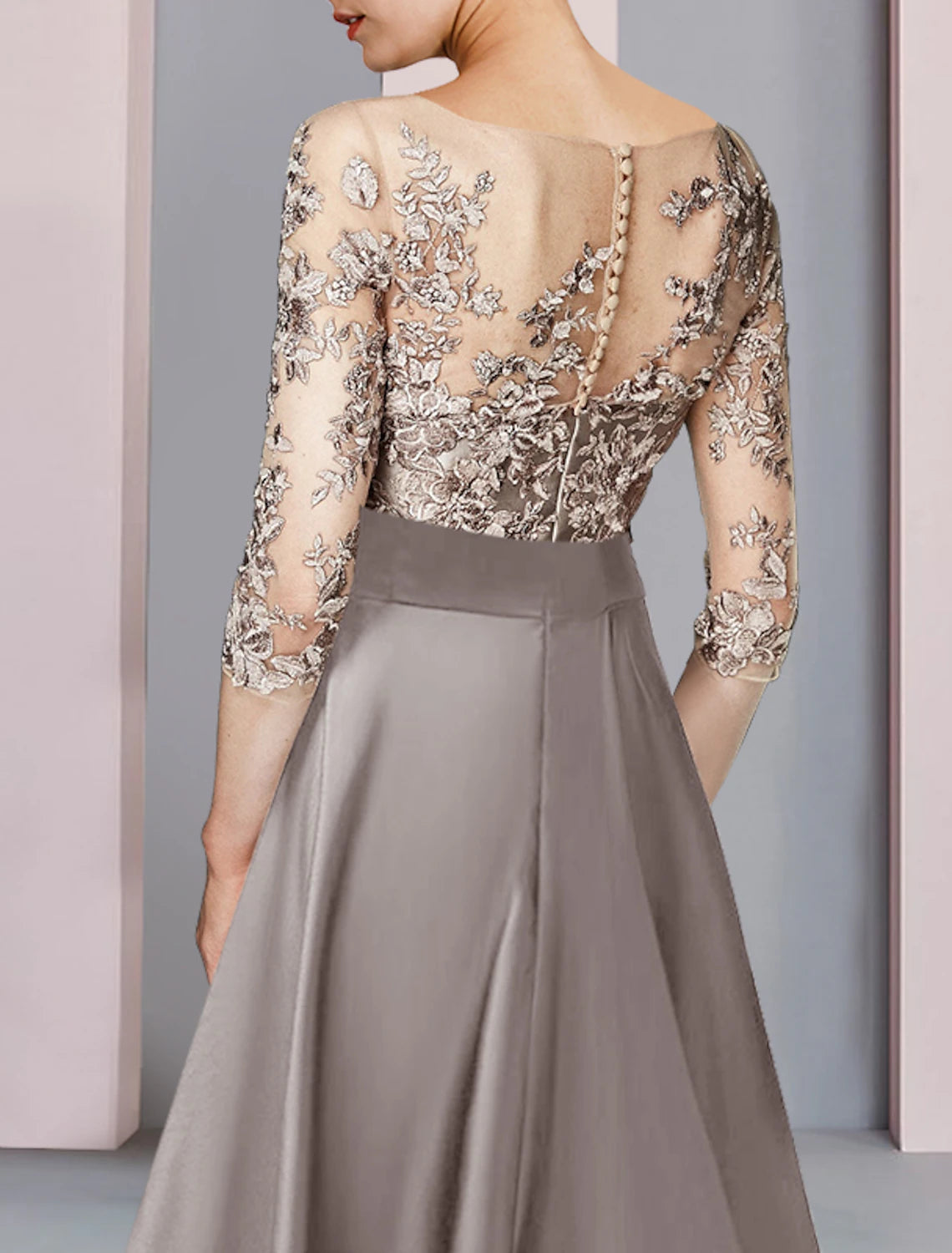 A-Line Mother of the Bride Dress Wedding Guest Party Elegant Scoop Neck Tea Length Satin Lace Half Sleeve with Bow(s) Appliques 2023