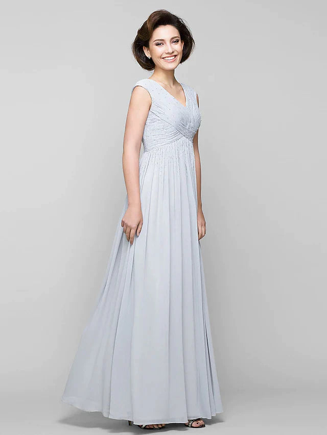 DingjiA-Line Mother of the Bride Dress Elegant V Neck Floor Length Chiffon Sleeveless with Criss Cross Beading