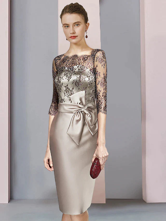 DingjiSheath / Column Mother of the Bride Dress Wedding Guest Elegant Square Neck Knee Length Satin Lace Half Sleeve with Bow(s) Ruching