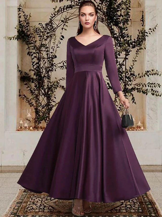 A-Line Mother of the Bride Dress Plus Size Elegant V Neck Ankle Length Satin Long Sleeve with Pleats Solid Color