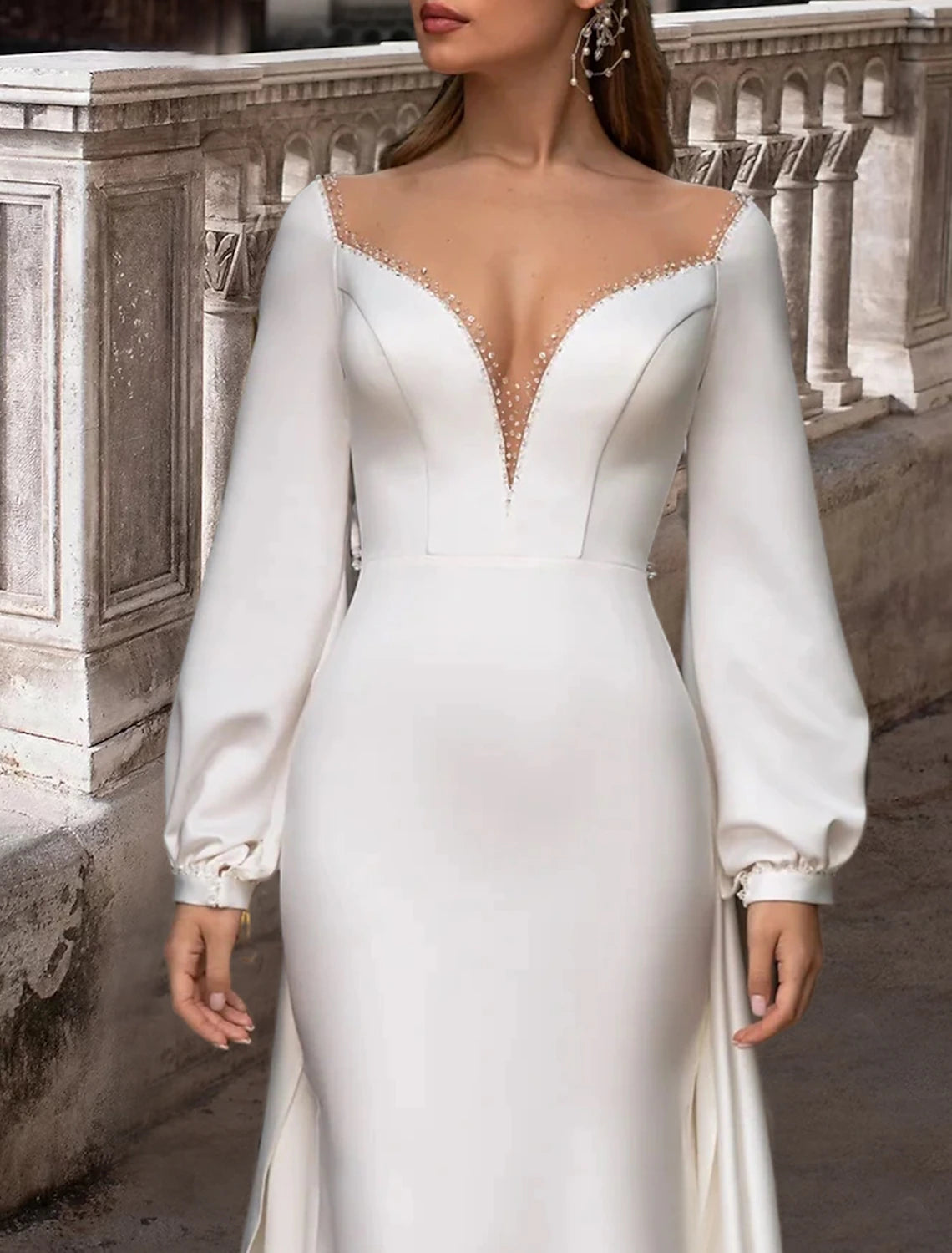 Reception Formal Wedding Dresses Two Piece Illusion Neck Scoop Neck Long Sleeve Sweep / Brush Train Satin Bridal Gowns With Solid Colo