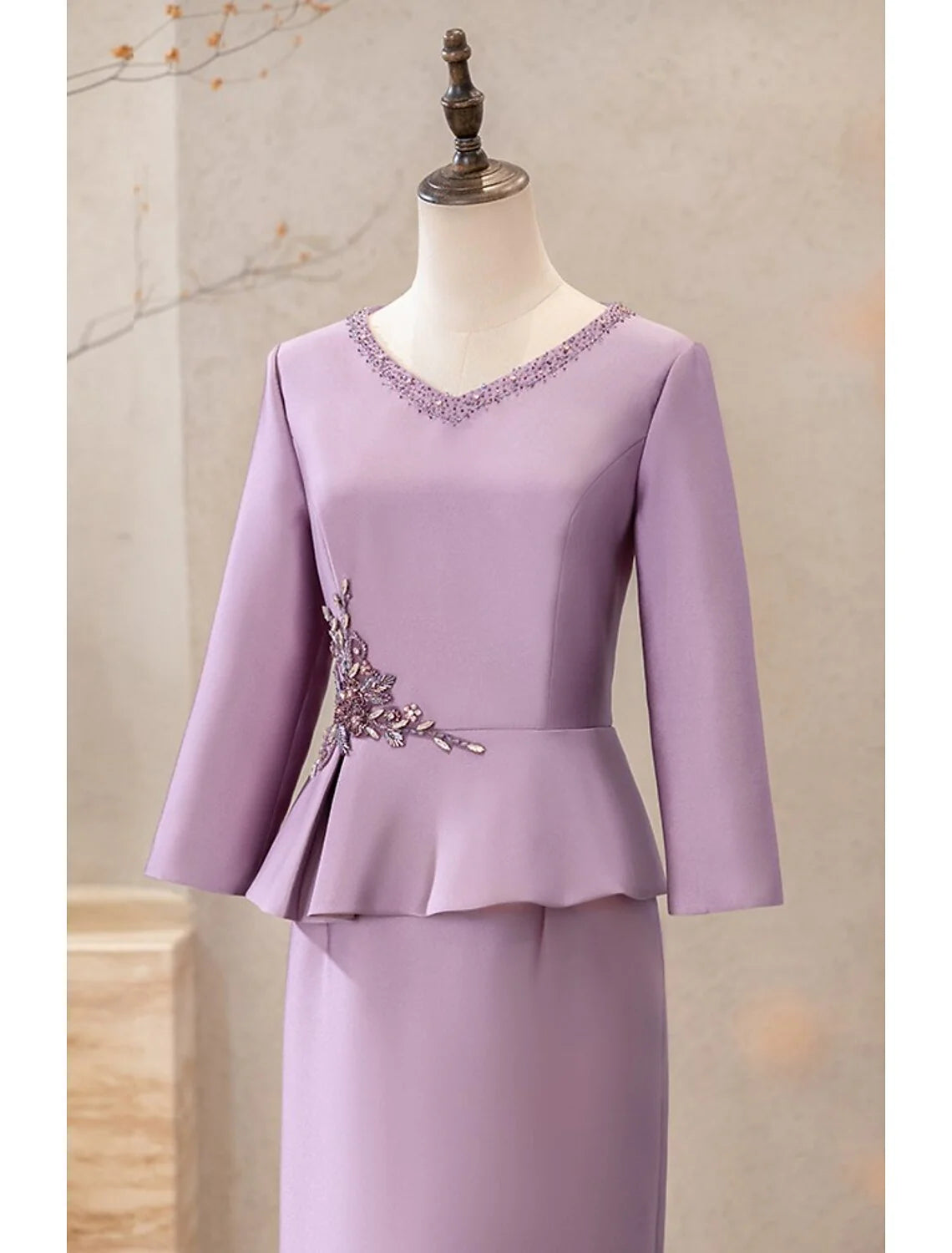 DingjiTwo Piece Cocktail Dresses Elegant Dress Wedding Party Tea Length Long Sleeve V Neck Satin with Appliques