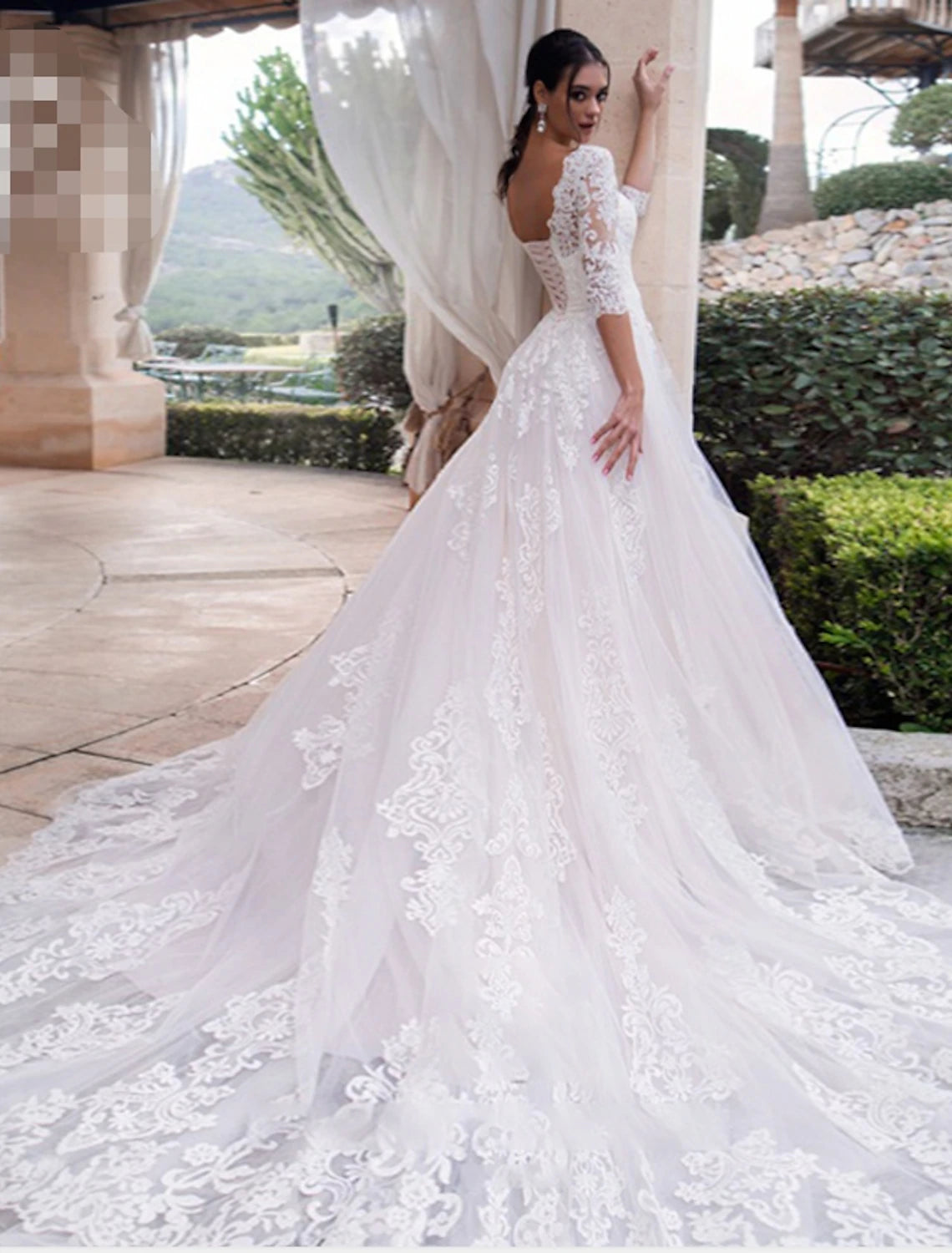 Engagement Formal Fall Wedding Dresses Ball Gown Illusion Neck 3/4 Length Sleeve Court Train Lace Bridal Gowns With Appliques 2023 Summer Wedding Party