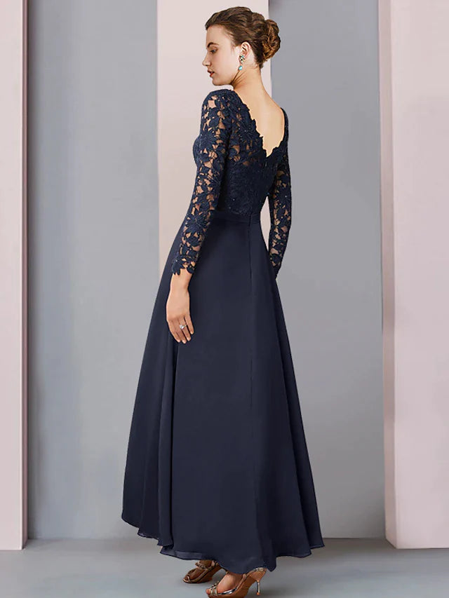 DingjiSheath / Column Mother of the Bride Dress Wedding Guest Vintage Elegant V Neck Asymmetrical Chiffon Lace Long Sleeve with Pleats