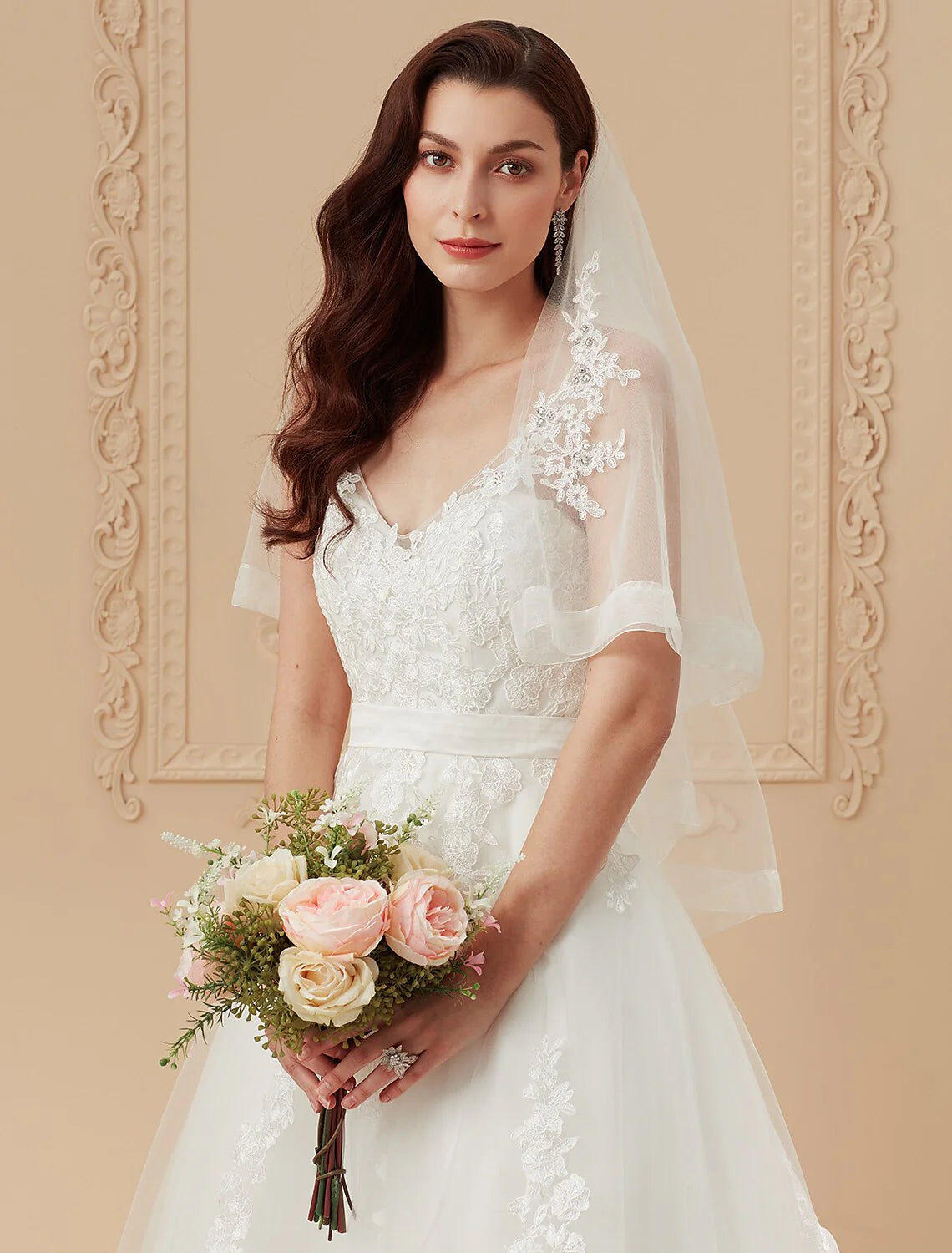 DingjiBall Gown Wedding Dresses V Neck Sweep / Brush Train Satin Tulle Over Lace Spaghetti Strap Romantic Illusion Detail Backless with Ruffles Appliques