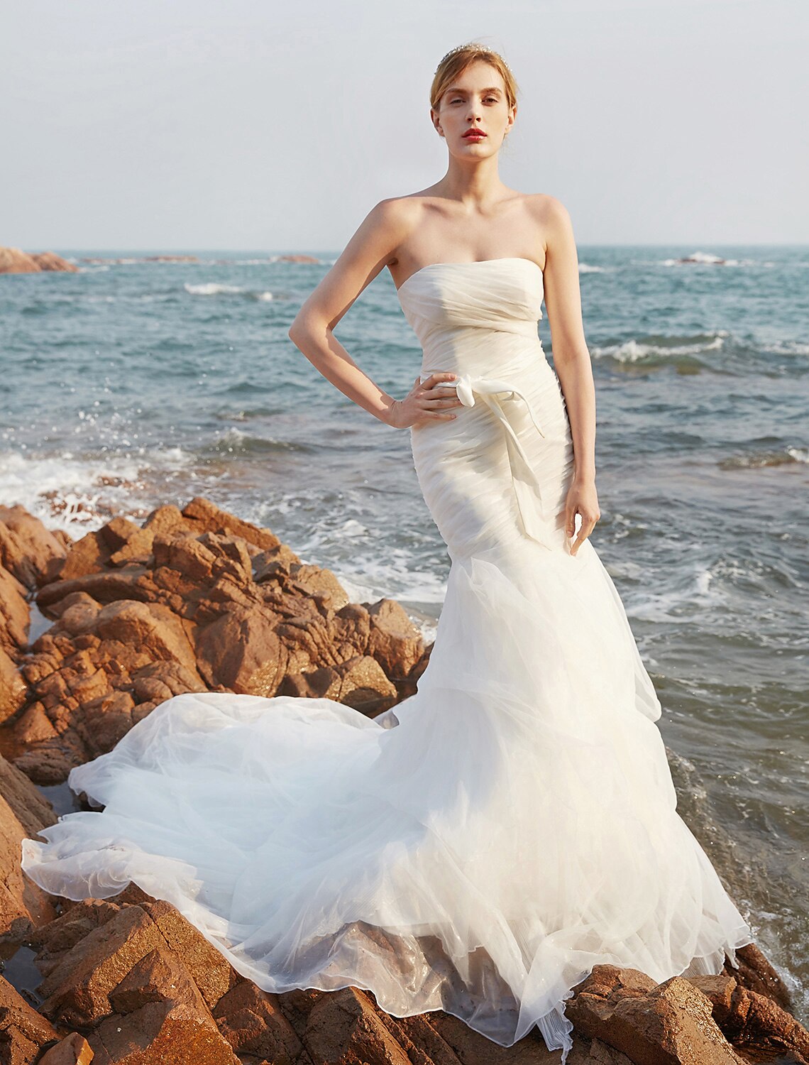 Wedding Dresses Mermaid / Trumpet Strapless Sleeveless Court Train Organza Bridal Gowns With Bowknot Pick Up Skirt