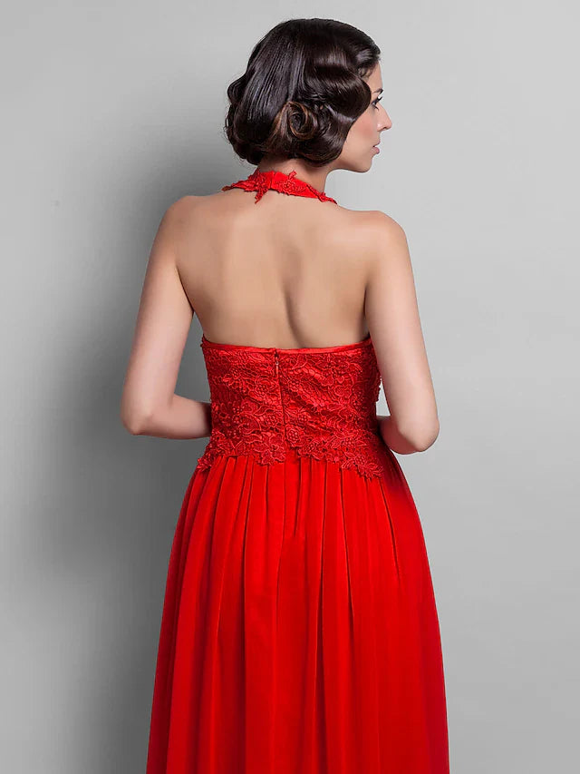 Sheath / Column Elegant Dress Wedding Guest Asymmetrical Sleeveless Halter Chiffon Backless with Appliques