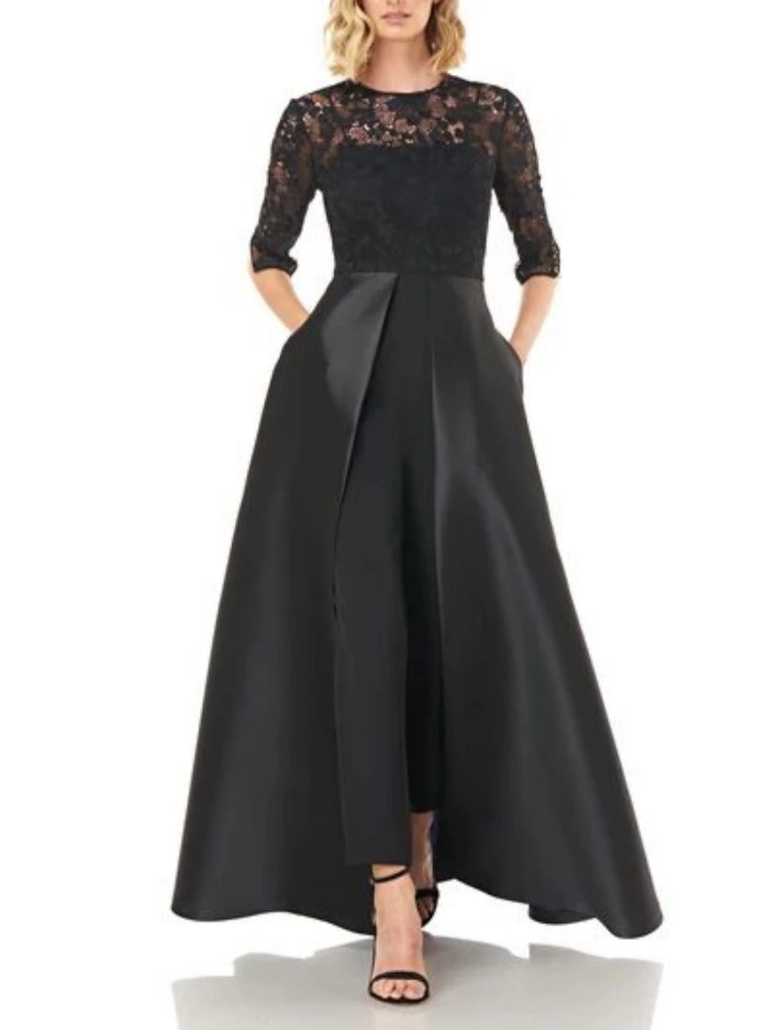 Jumpsuit / Pantsuit Mother of the Bride Dress Formal Wedding Guest Party Sexy Jewel Neck Ankle Length Satin Lace Half Sleeve with Pleats