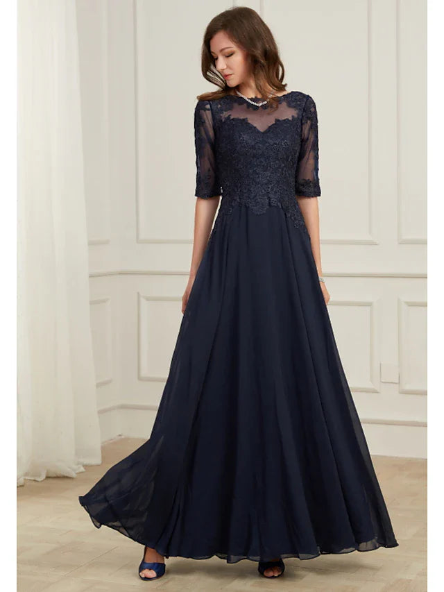 DingjiA-Line Elegant Wedding Guest Formal Evening Dress Jewel Neck Half Sleeve Floor Length Tulle with Appliques