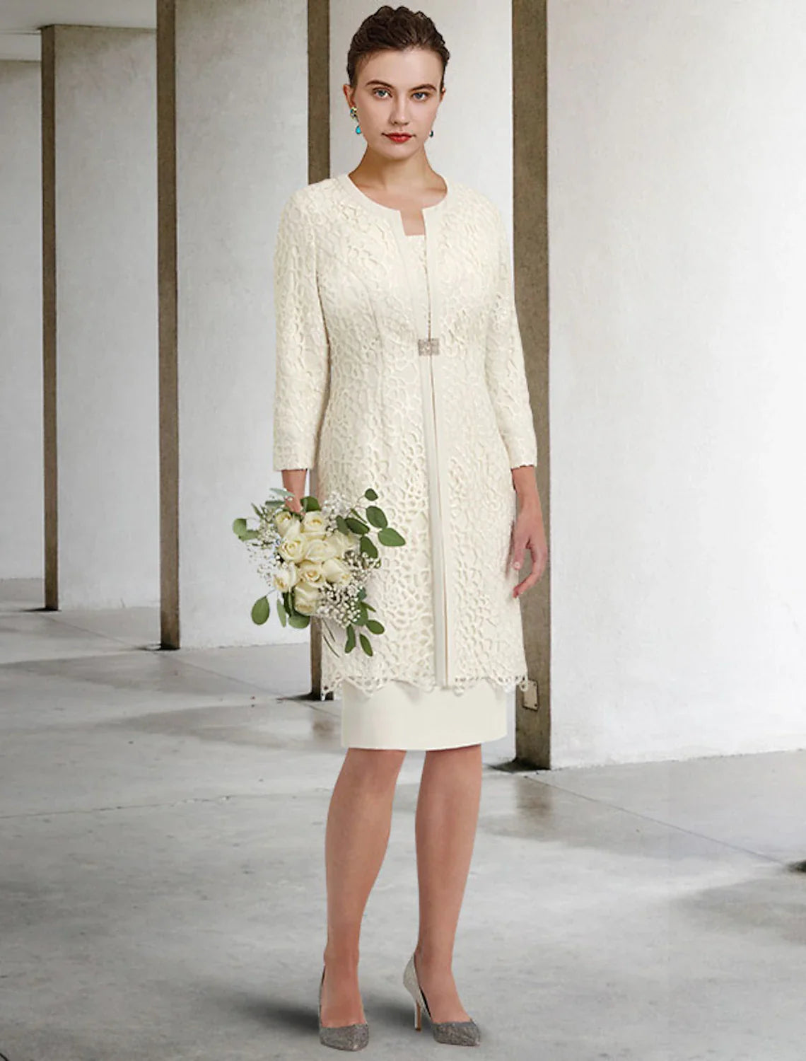 DingjiTwo Piece Sheath / Column Mother of the Bride Dress Church Elegant Winter With Jacket Half Sleeve Scoop Neck Knee Length Lace Stretch Chiffon Crystal Brooch