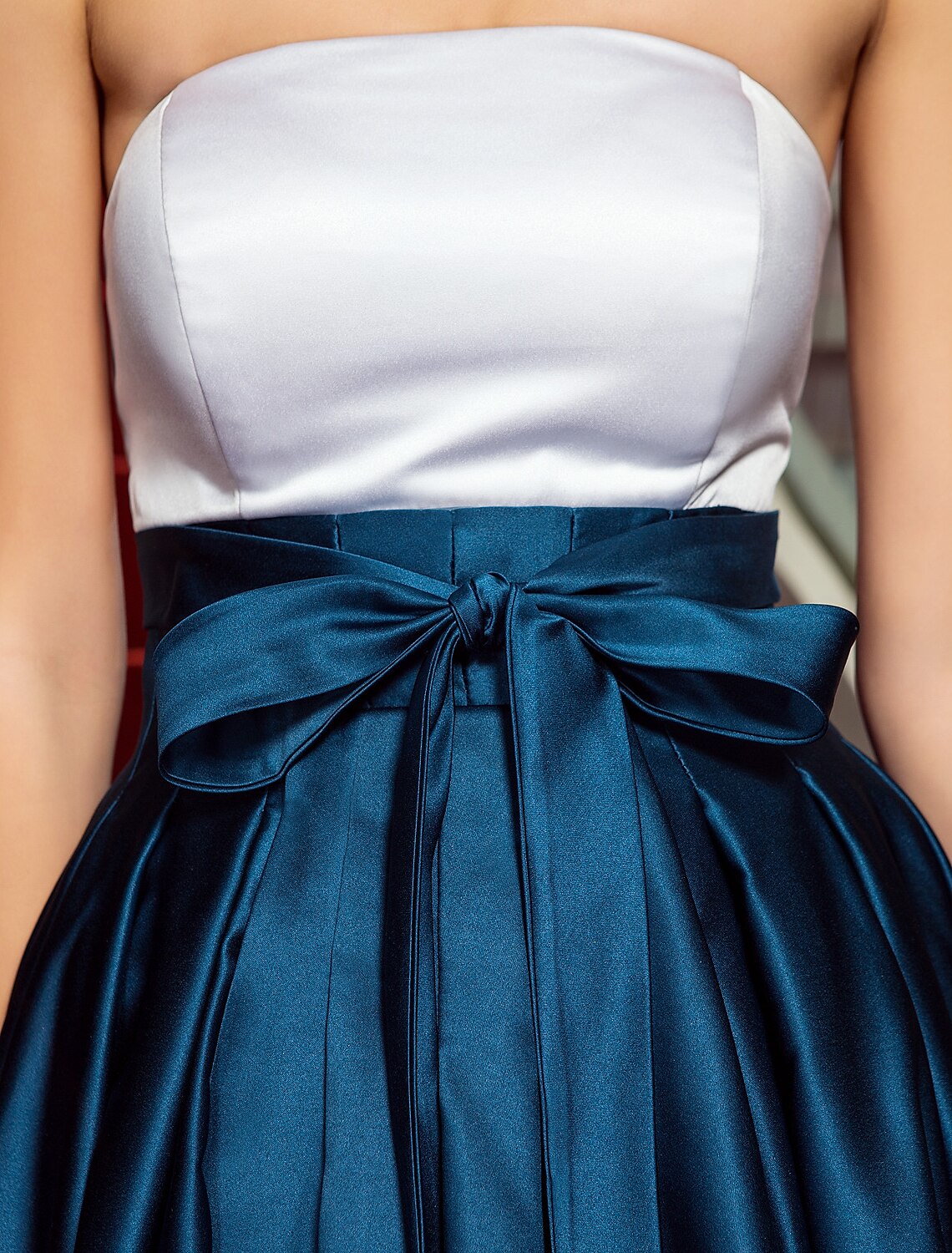 A-Line Chic & Modern Color Block Minimalist Formal Evening Black Tie Gala Dress Strapless Backless Sleeveless Asymmetrical Satin with Bow(s) Pleats / High Low