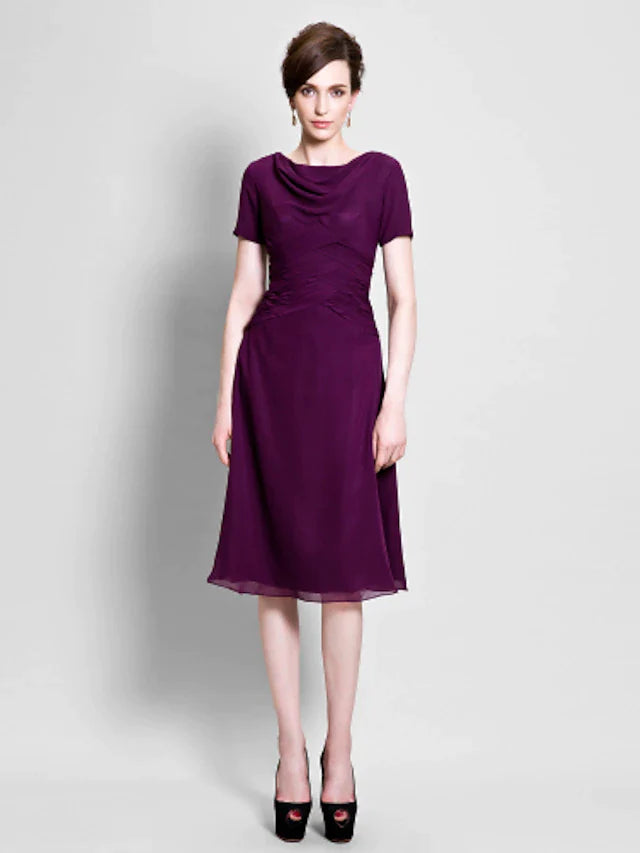 DingjiA-Line Mother of the Bride Dress Cowl Neck Tea Length Chiffon Short Sleeve with Ruched Side Draping