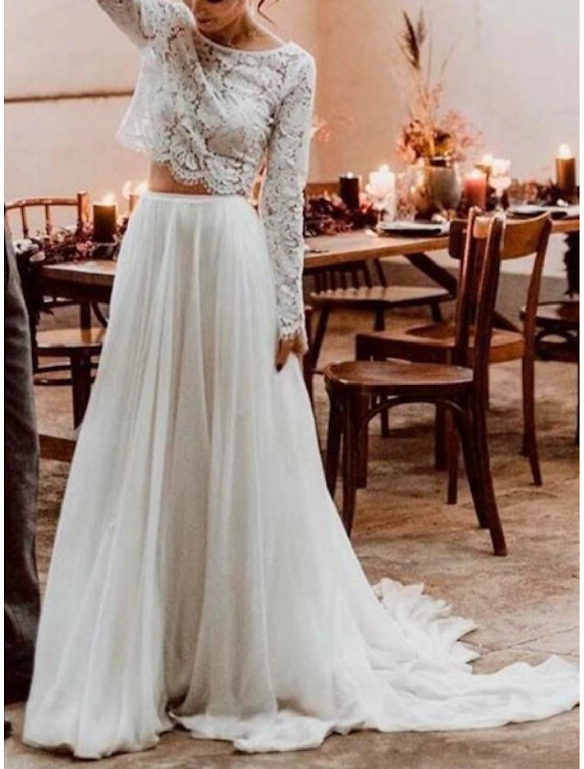Beach Boho Wedding Dresses Separates Scoop Neck Long Sleeve Separates Lace Bridal Gowns With Pleats
