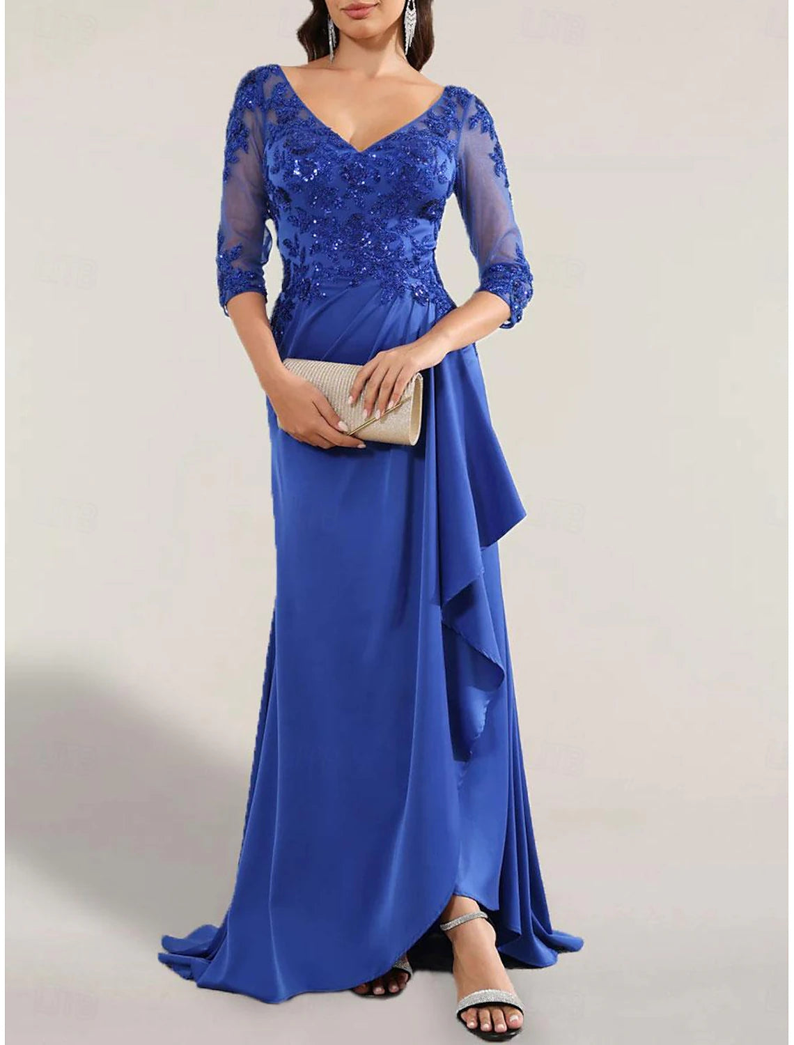 A-Line Evening Gown Party Dress Evening Party Prom Floor Length 3/4 Length Sleeve One Shoulder Satin V Back with Glitter Pleats Sequin