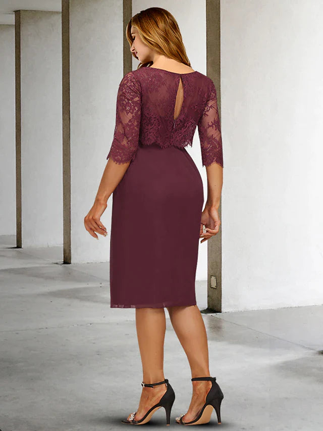 A-Line Plus Size Curve Mother of the Bride Dresses Vintage Dress Formal Knee Length Half Sleeve Jewel Neck Chiffon with Pleats Appliques