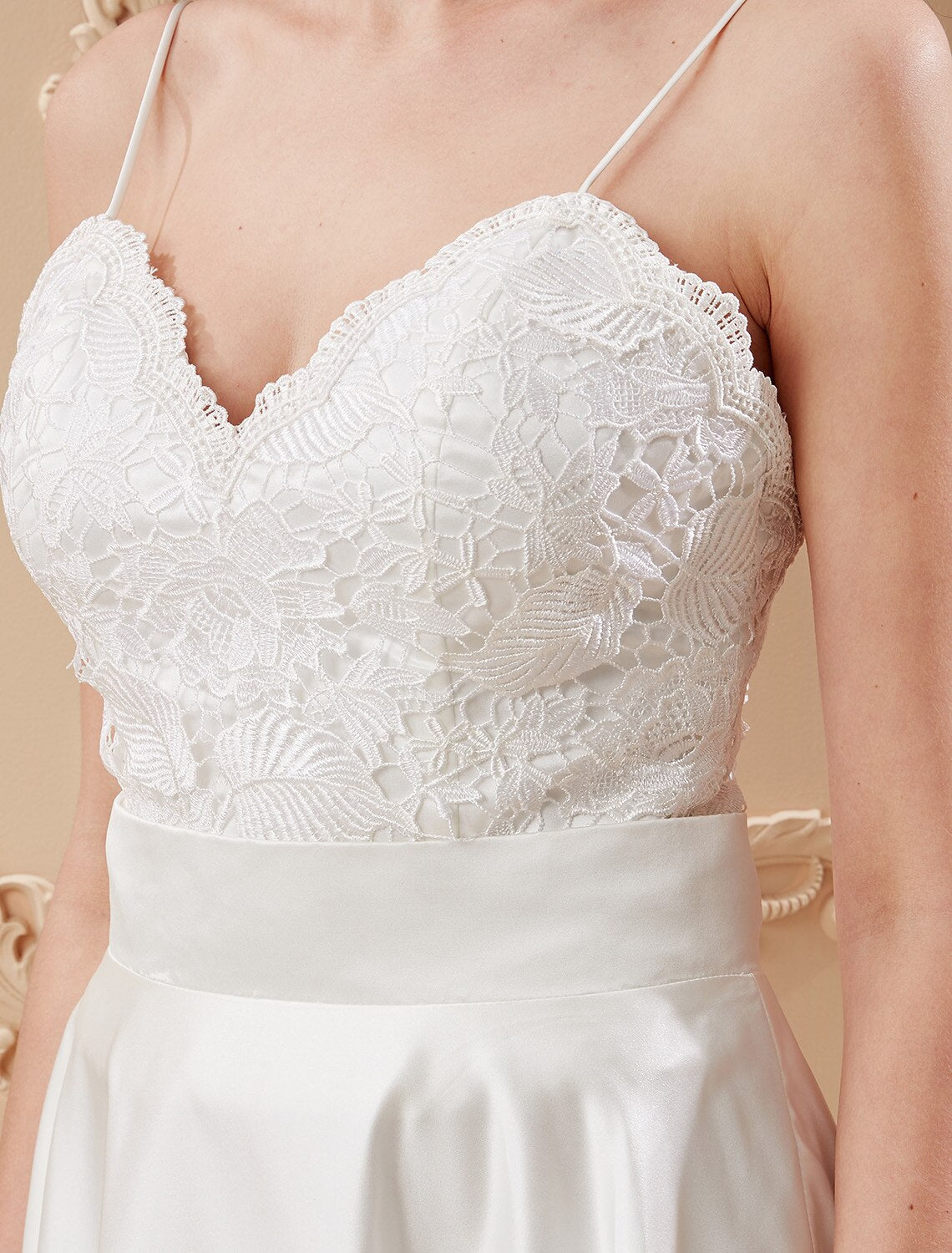 A-Line / Princess Spaghetti Strap Ankle Length Satin / Corded Lace Made-To-Measure Wedding Dresses with Appliques / Sashes / Ribbons / Open Back