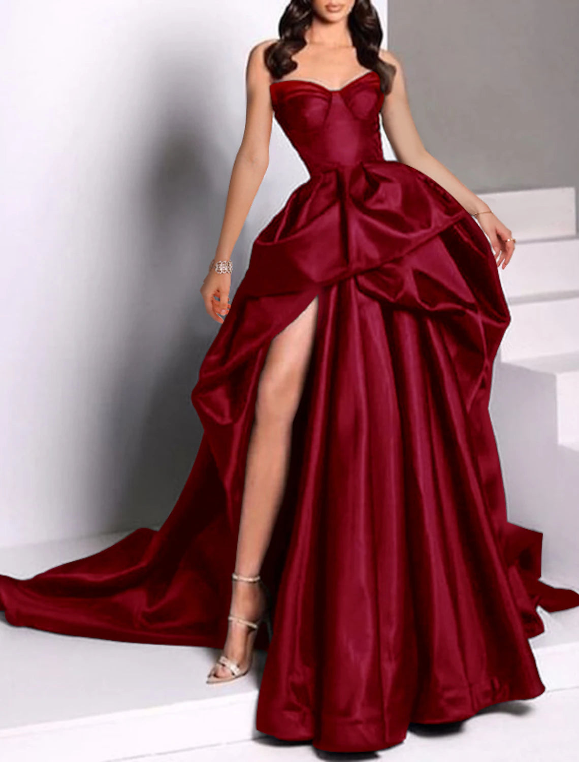 A-Line Evening Gown Black Dress Plus Size Dress Carnival Masquerade Court Train Sleeveless Strapless Wednesday Addams Family Satin with Slit Pure Color Prom