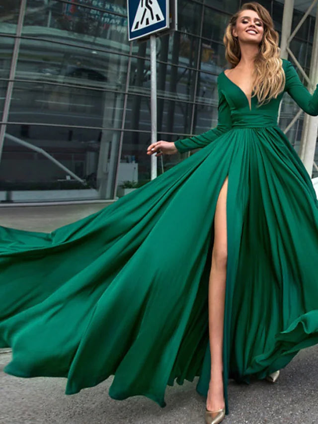 A-Line Empire Minimalist Sexy Holiday Prom Formal Evening Dress V Neck V Back Long Sleeve Floor Length Chiffon with Slit Pure Color