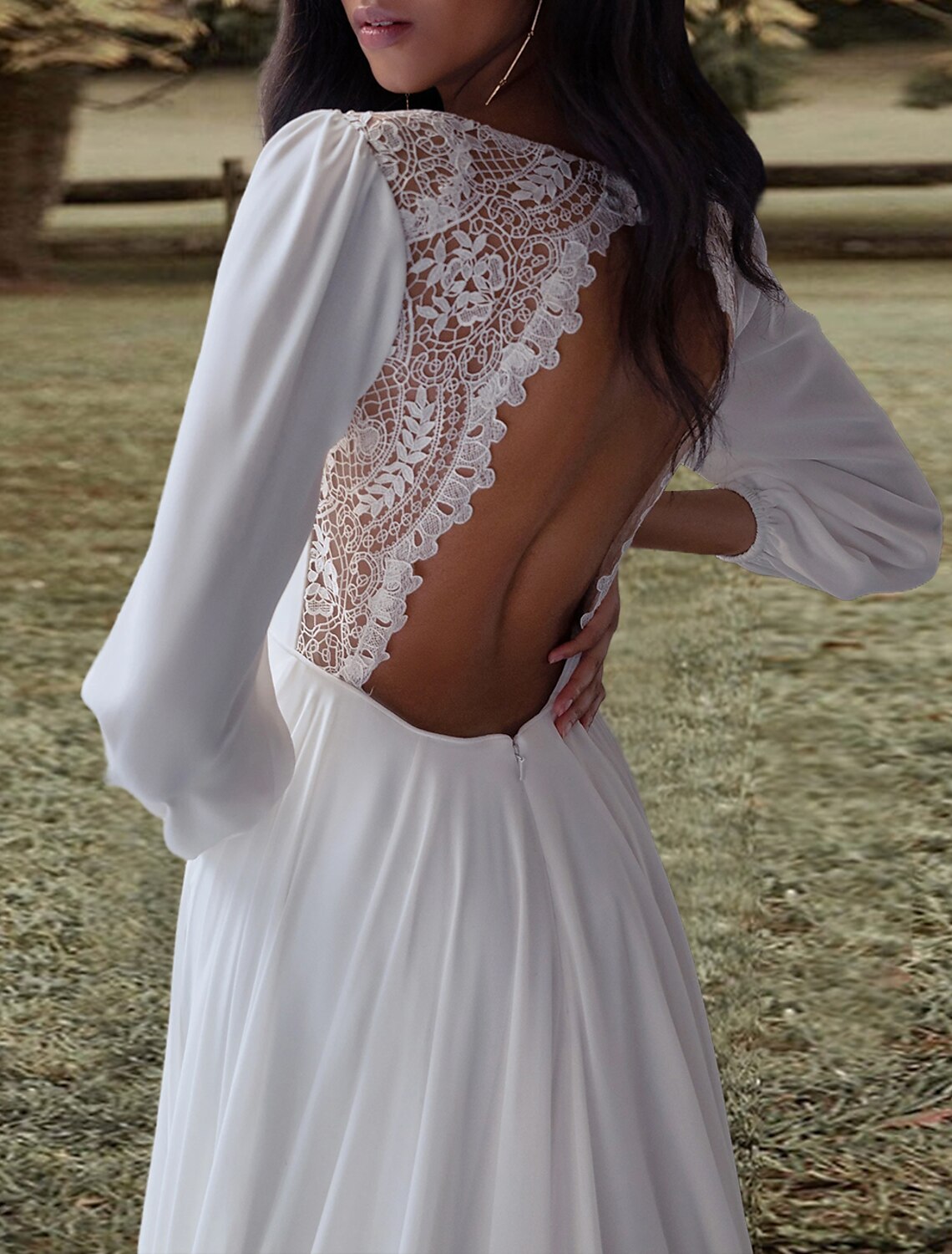 Open Back Wedding Dresses A-Line V Neck Long Sleeve Sweep / Brush Train Chiffon Bridal Gowns With Pleats