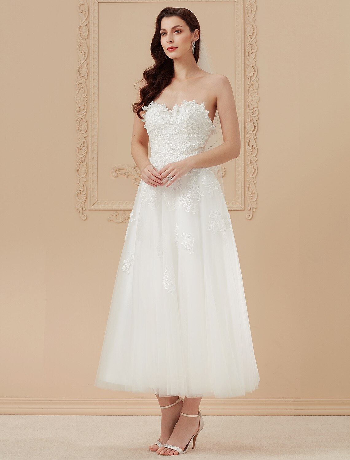 Reception Wedding Dresses A-Line Sweetheart Sleeveless Ankle Length Tulle Bridal Gowns With Sashes / Ribbons Beading