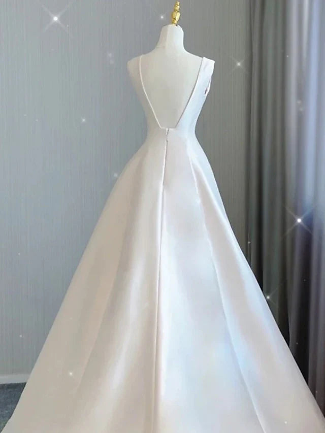 DingjiHall Casual Wedding Dresses Court Train A-Line Sleeveless V Neck Satin With Bow(s) Pleats