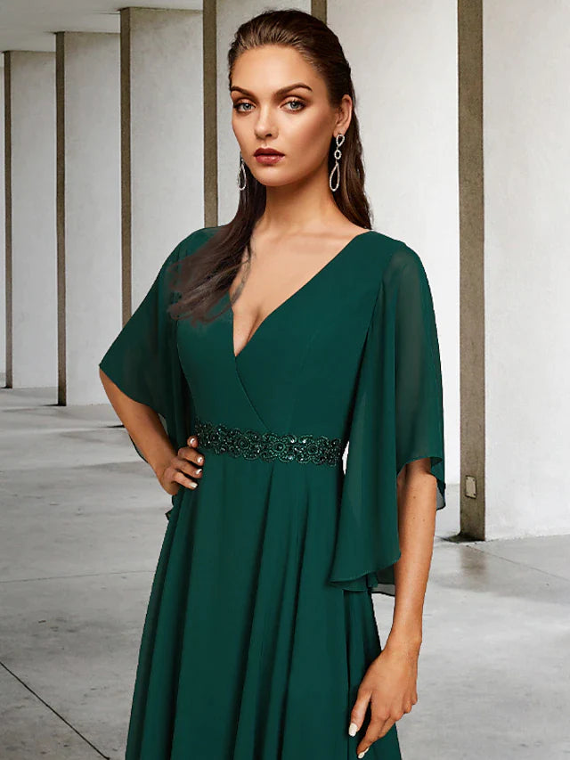 DingjiA-Line Mother of the Bride Dress Elegant V Neck Sweep / Brush Train Chiffon Half Sleeve with Sash / Ribbon Ruffles