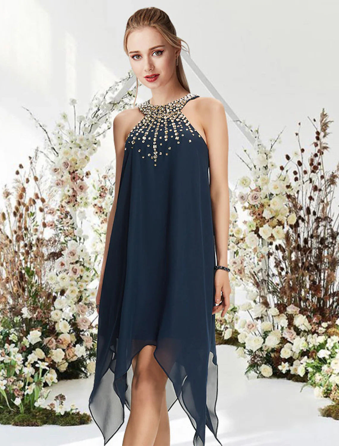 DingjiA-Line Cocktail Dresses Flirty Dress Wedding Guest Asymmetrical Sleeveless Halter Chiffon with Crystals Beading