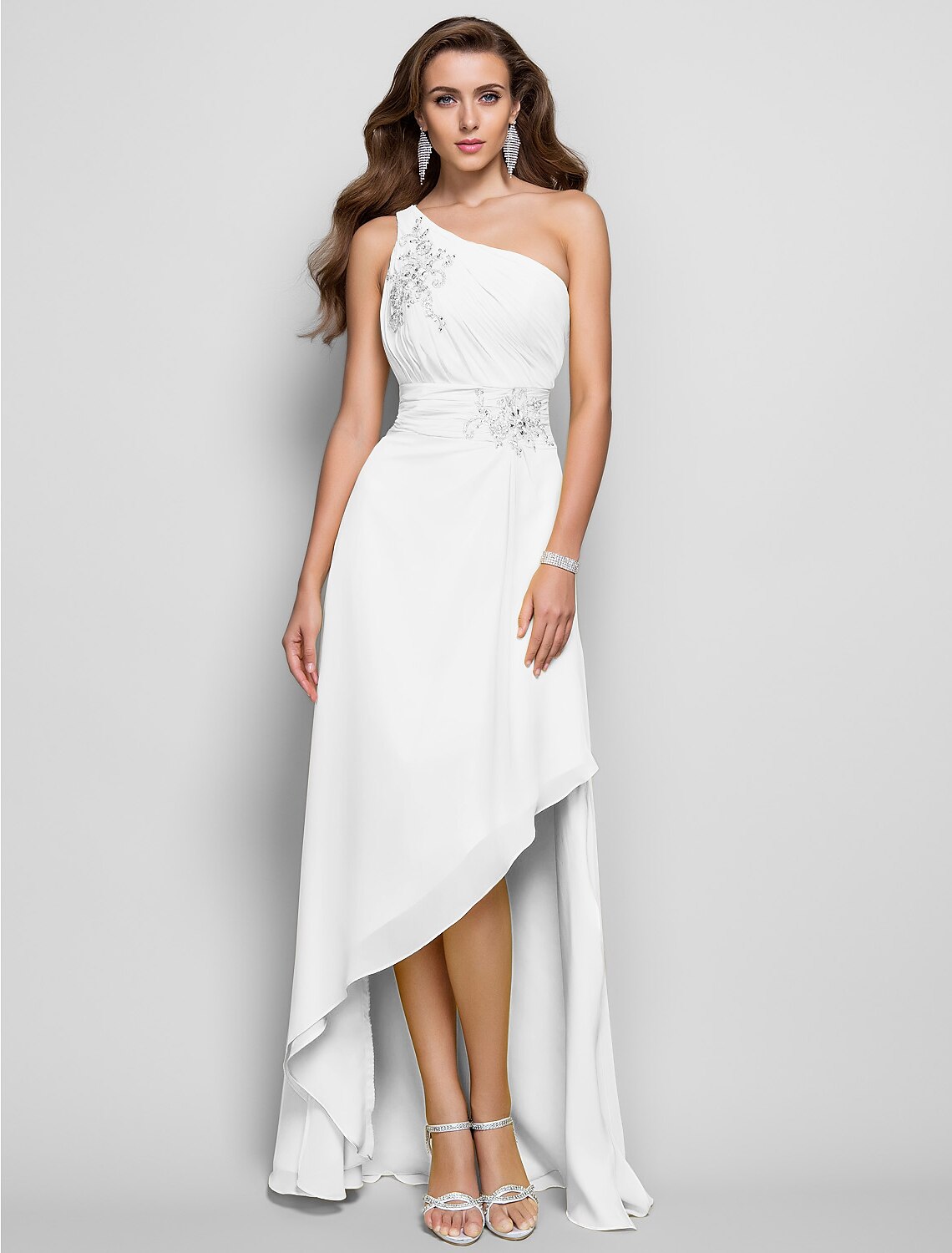 Sheath / Column Elegant Dress Wedding Guest Cocktail Party Asymmetrical Sleeveless One Shoulder Bridesmaid Dress Chiffon with Beading Slit Appliques