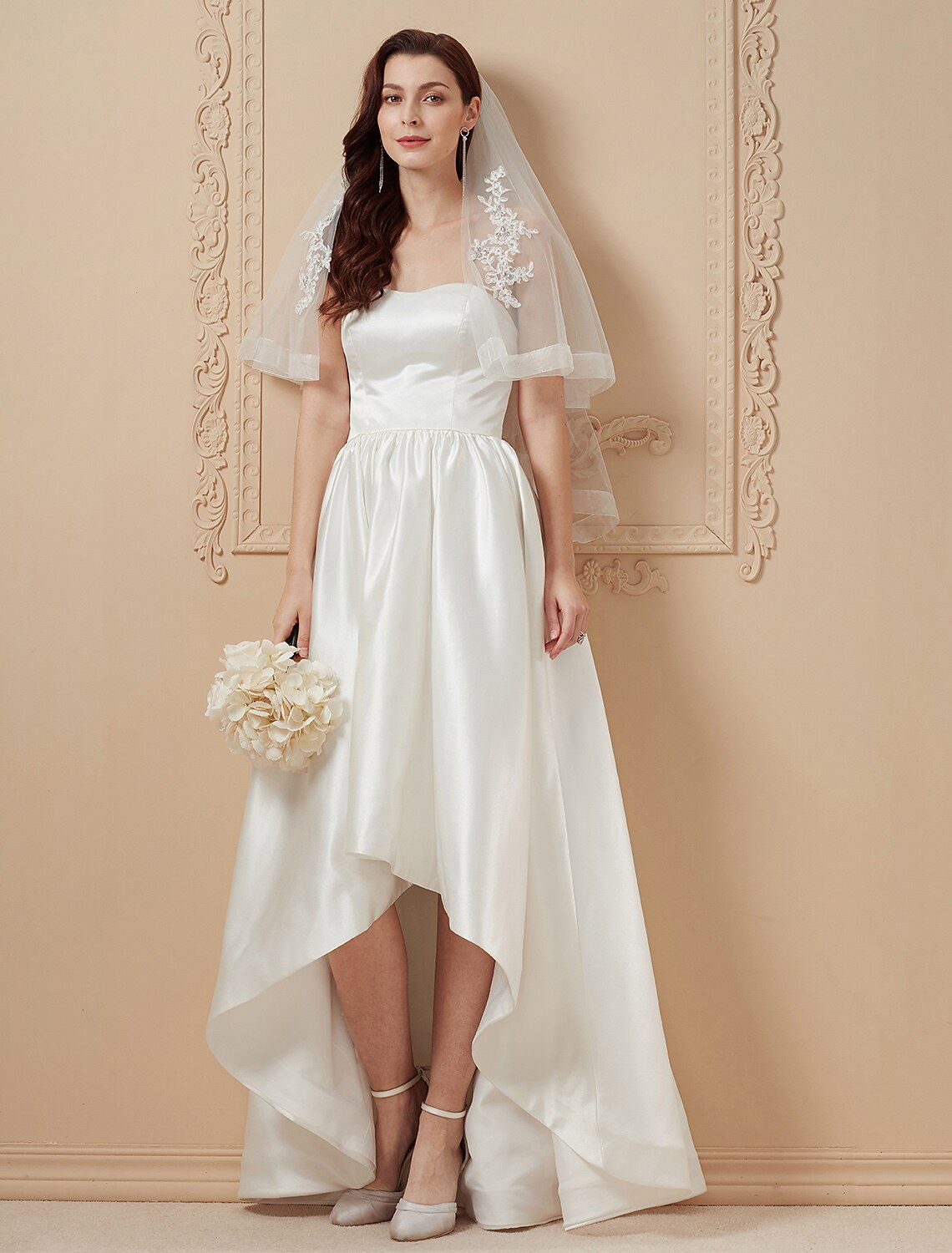 A-Line / Princess Strapless Asymmetrical Satin Made-To-Measure Wedding Dresses with Draping by / Open Back