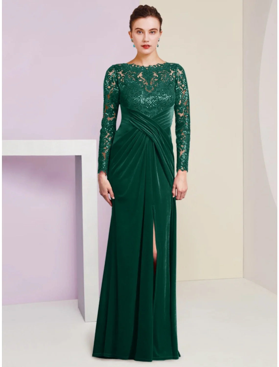 DingjiA-Line Mother of the Bride Dress Wedding Guest Party Elegant Scoop Neck Floor Length Velvet Long Sleeve with Lace Sequin Split Front