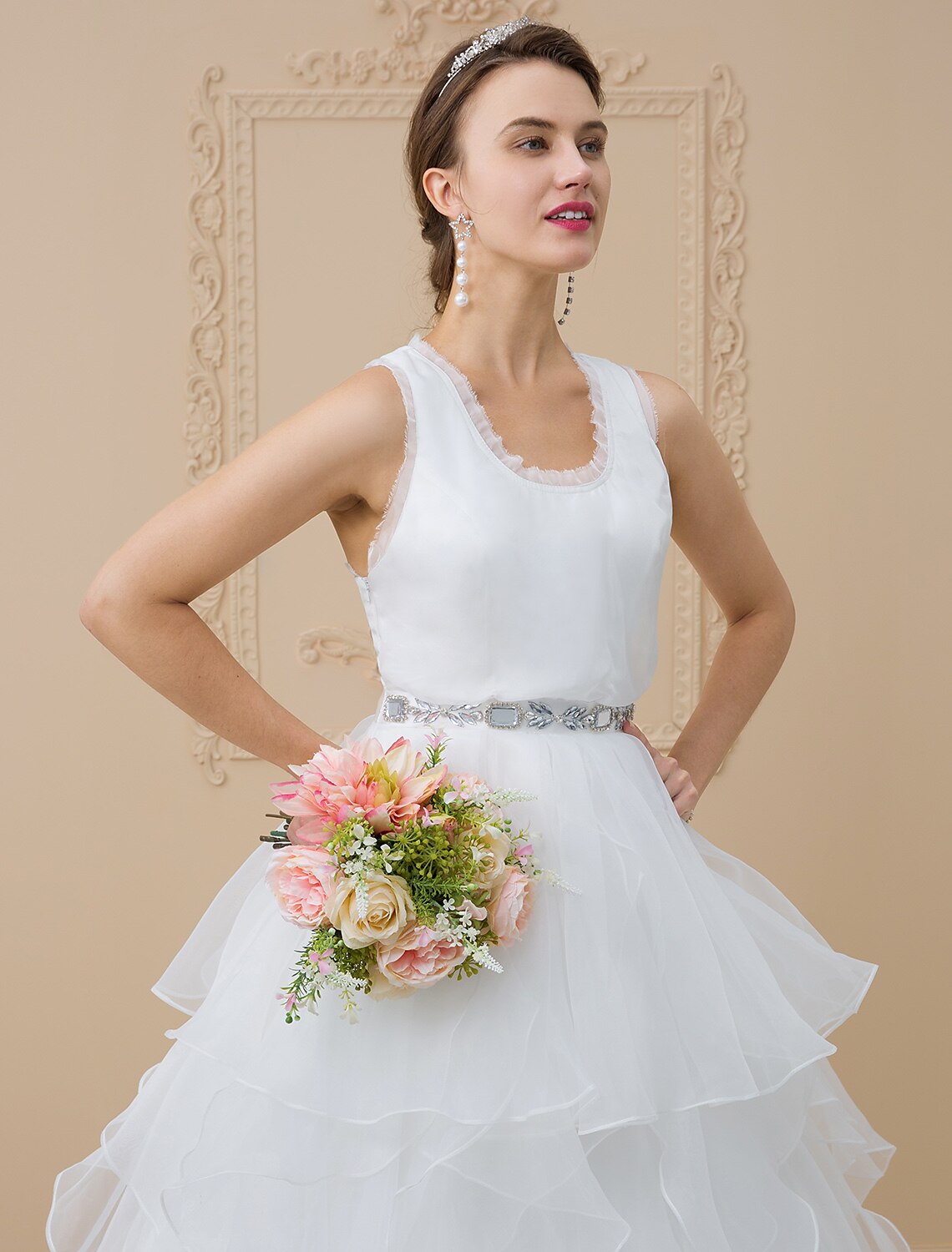 A-Line Scoop Neck Sweep / Brush Train Chiffon / Tulle Made-To-Measure Wedding Dresses with Appliques by
