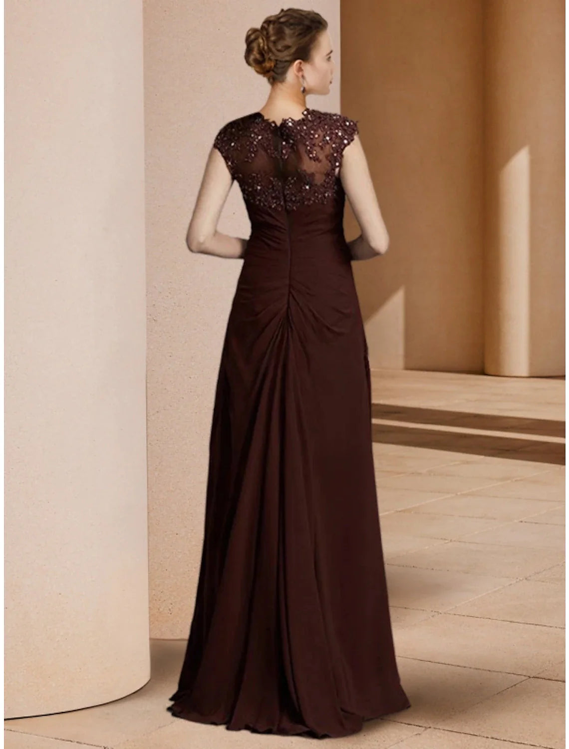 DingjiSheath / Column Mother of the Bride Dress Wedding Guest Elegant Scoop Neck Floor Length Stretch Chiffon Long Sleeve with Sequin Ruching