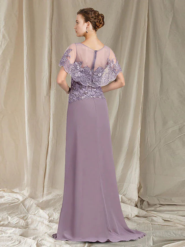 DingjiSheath / Column Mother of the Bride Dress Elegant Jewel Neck Sweep / Brush Train Chiffon Lace Sleeveless with Ruffles Appliques