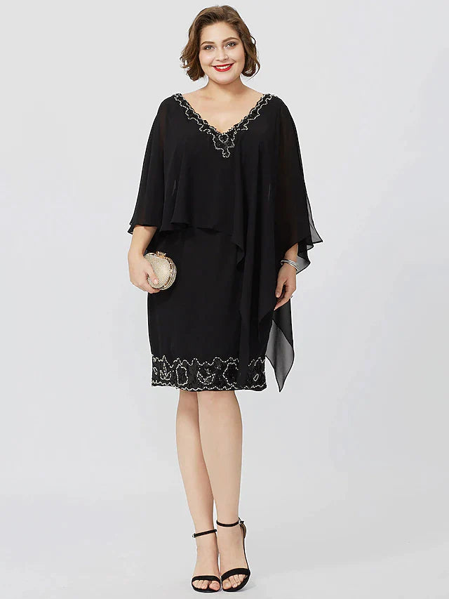 Sheath / Column Mother of the Bride Dress Formal Classic & Timeless Elegant & Luxurious Plus Size V Neck Knee Length Chiffon Sleeveless No with Crystals Beading