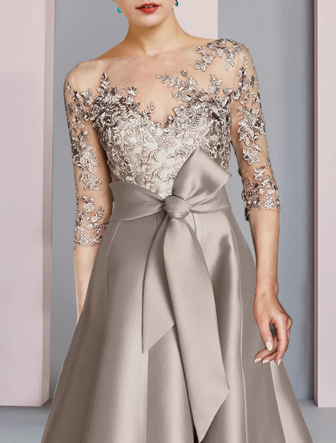 A-Line Mother of the Bride Dress Wedding Guest Party Elegant Scoop Neck Tea Length Satin Lace Half Sleeve with Bow(s) Appliques 2023