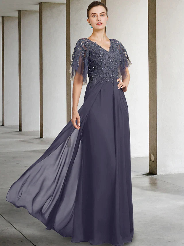 A-Line Plus Size Curve Mother of the Bride Dress Elegant V Neck Floor Length Chiffon Lace Short Sleeve with Beading Sequin Appliques