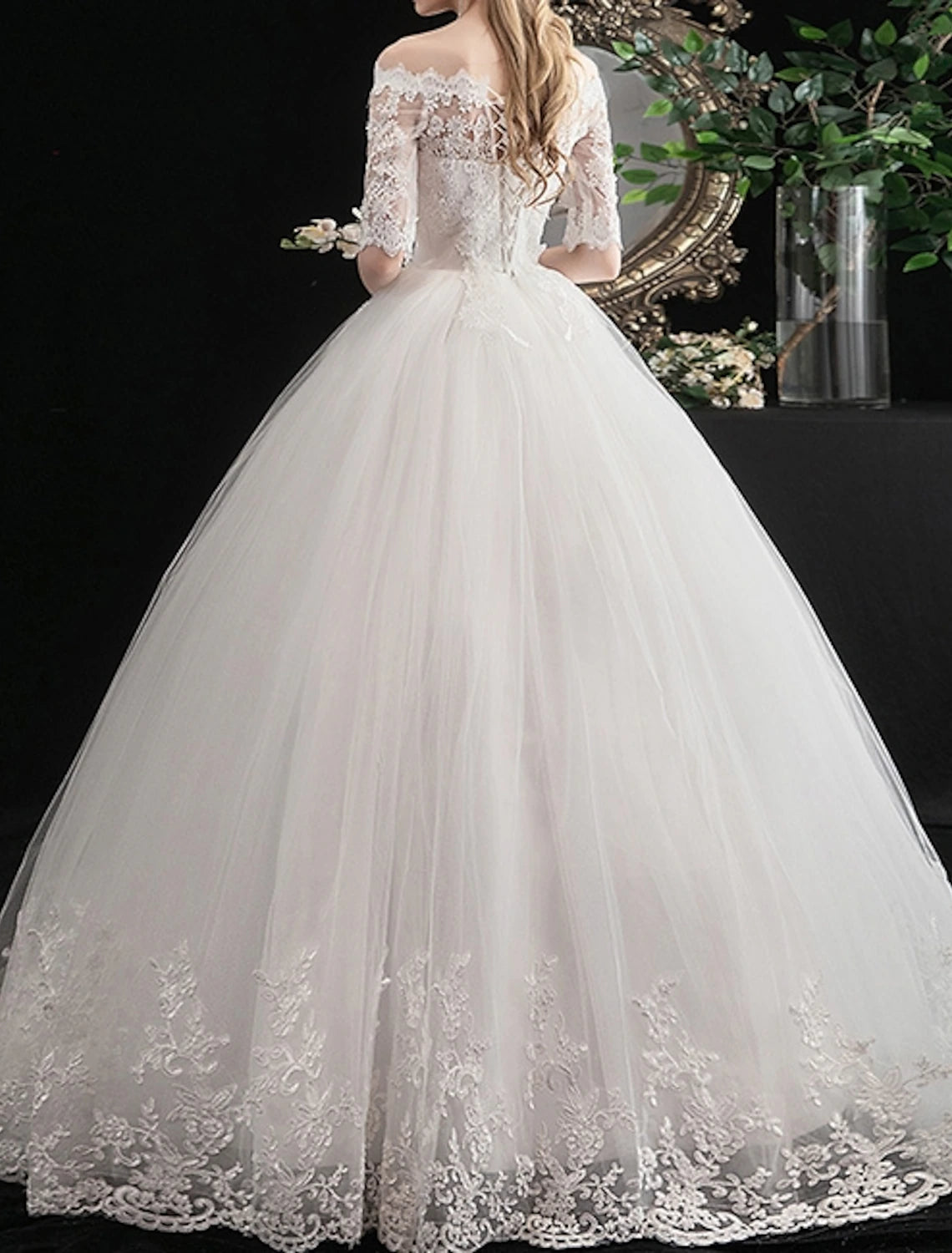 Engagement Formal Wedding Dresses Ball Gown Off Shoulder Half Sleeve Floor Length Lace Bridal Gowns With Lace Insert Embroidery