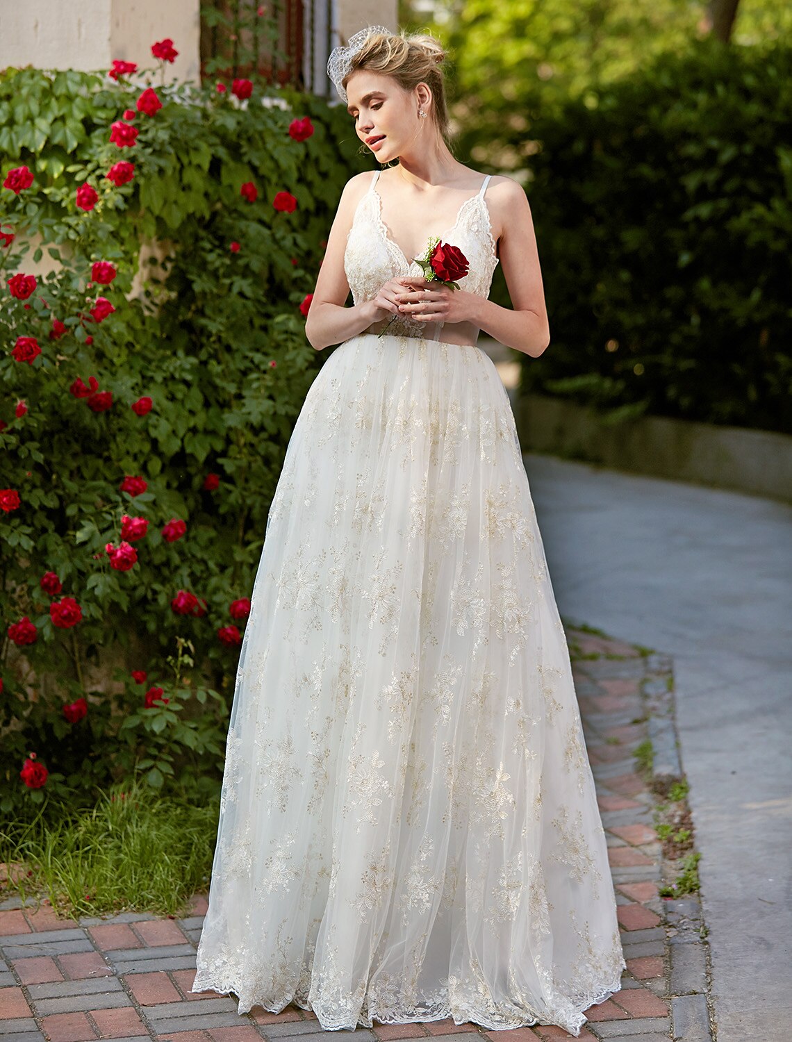 Wedding Dresses A-Line V Neck Sleeveless Floor Length Lace Bridal Gowns With Appliques