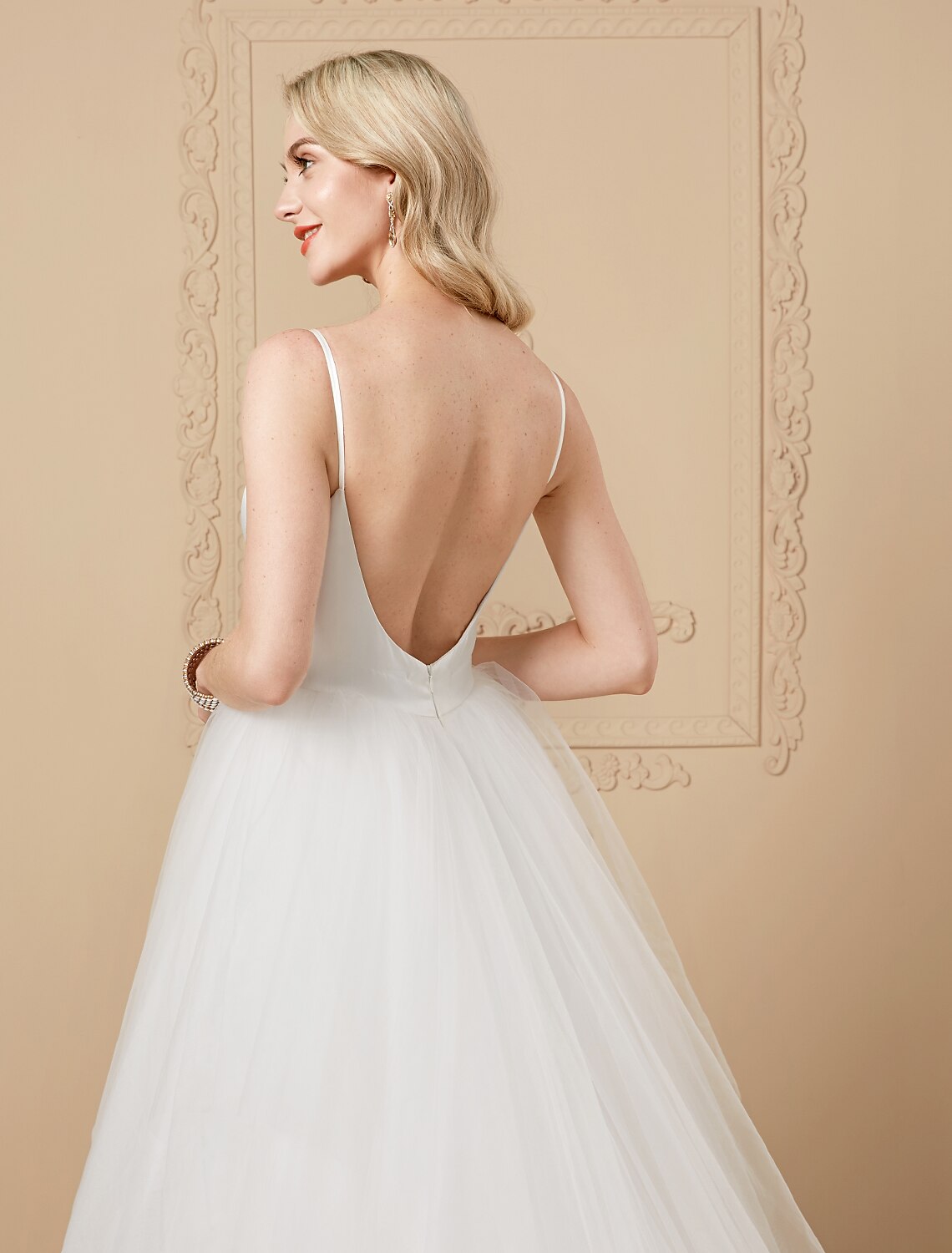Ball Gown V Neck Court Train Satin / Tulle Made-To-Measure Wedding Dresses with Beading / Crystals by / Open Back