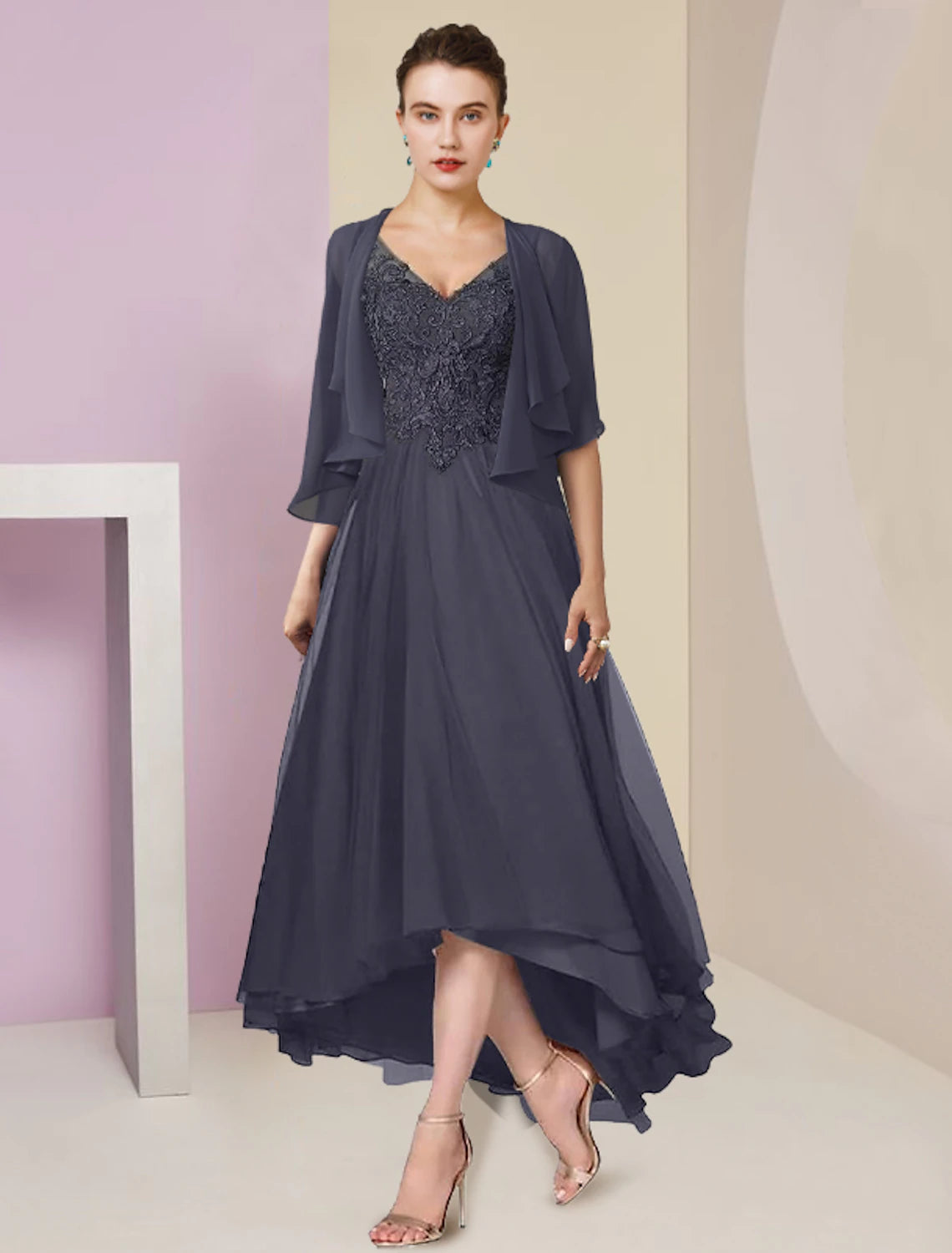 Two Piece A-Line Mother of the Bride Dress Formal Wedding Guest Elegant High Low V Neck Asymmetrical Tea Length Chiffon Lace Short Sleeve Wrap Included with Appliques 2023