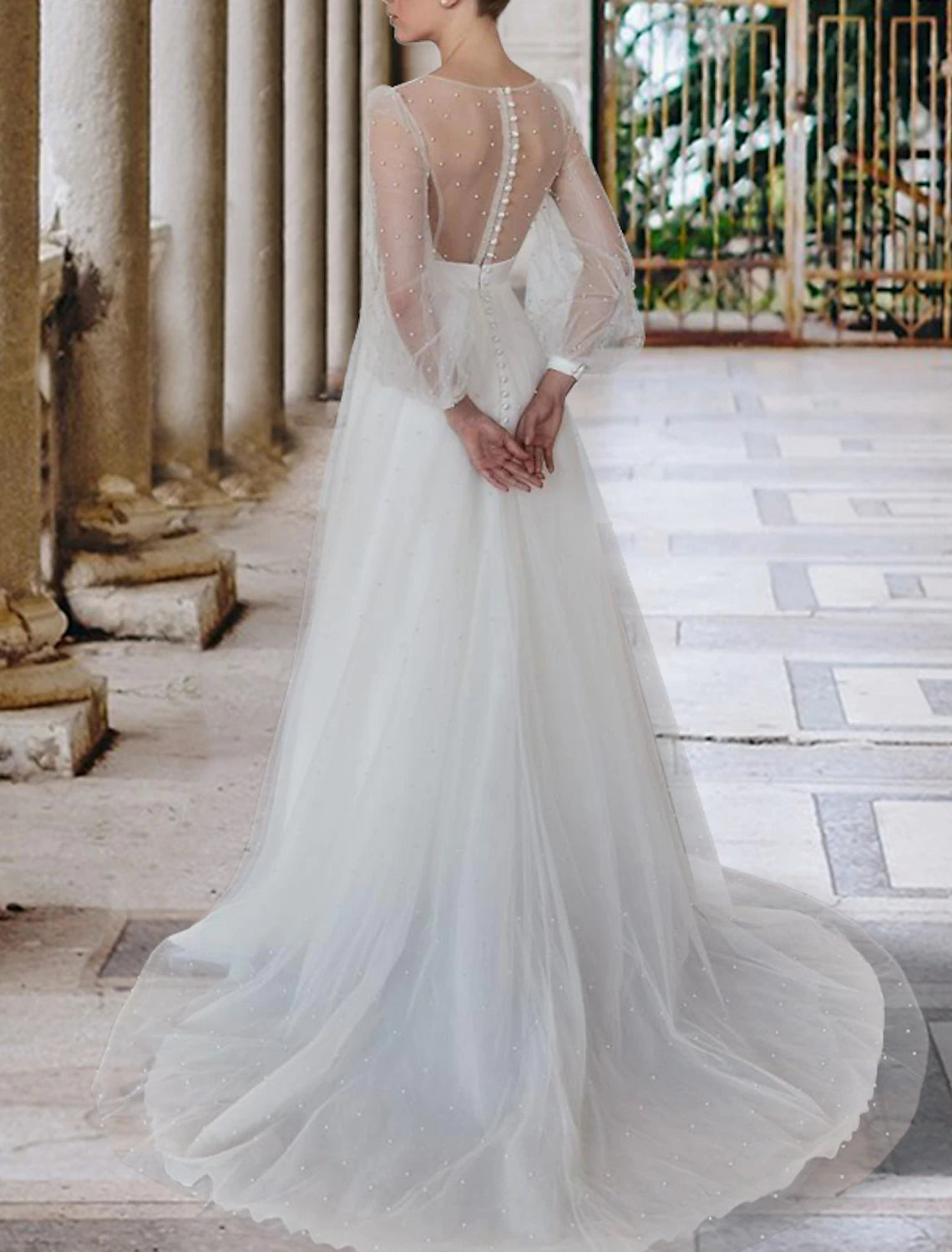 Hall Casual Wedding Dresses A-Line V Neck Long Sleeve Court Train Tulle Bridal Gowns With Pearls