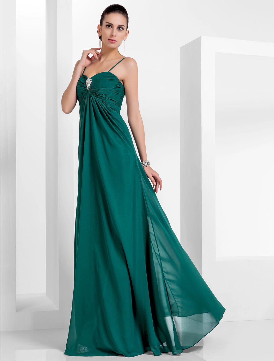 A-Line Empire Holiday Formal Evening Dress Spaghetti Strap Sleeveless Floor Length Chiffon with Crystals