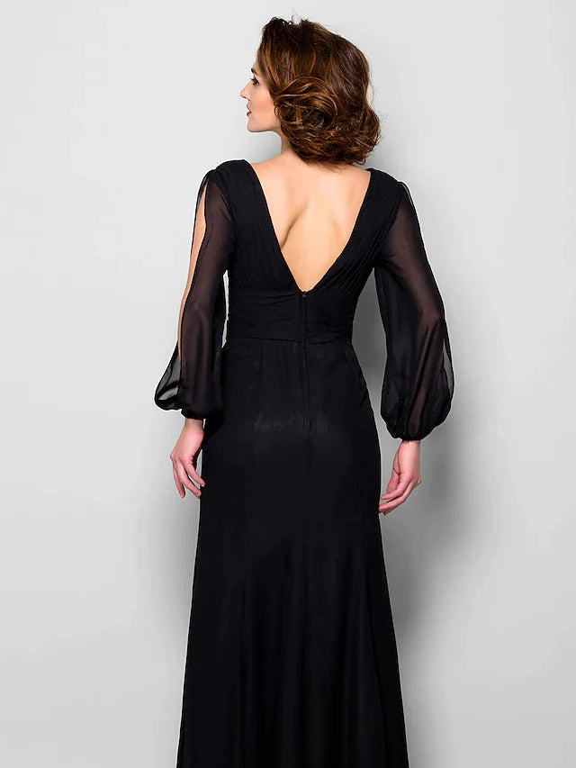 A-Line Mother of the Bride Dress Open Back V Neck Floor Length Chiffon Long Sleeve with Criss Cross