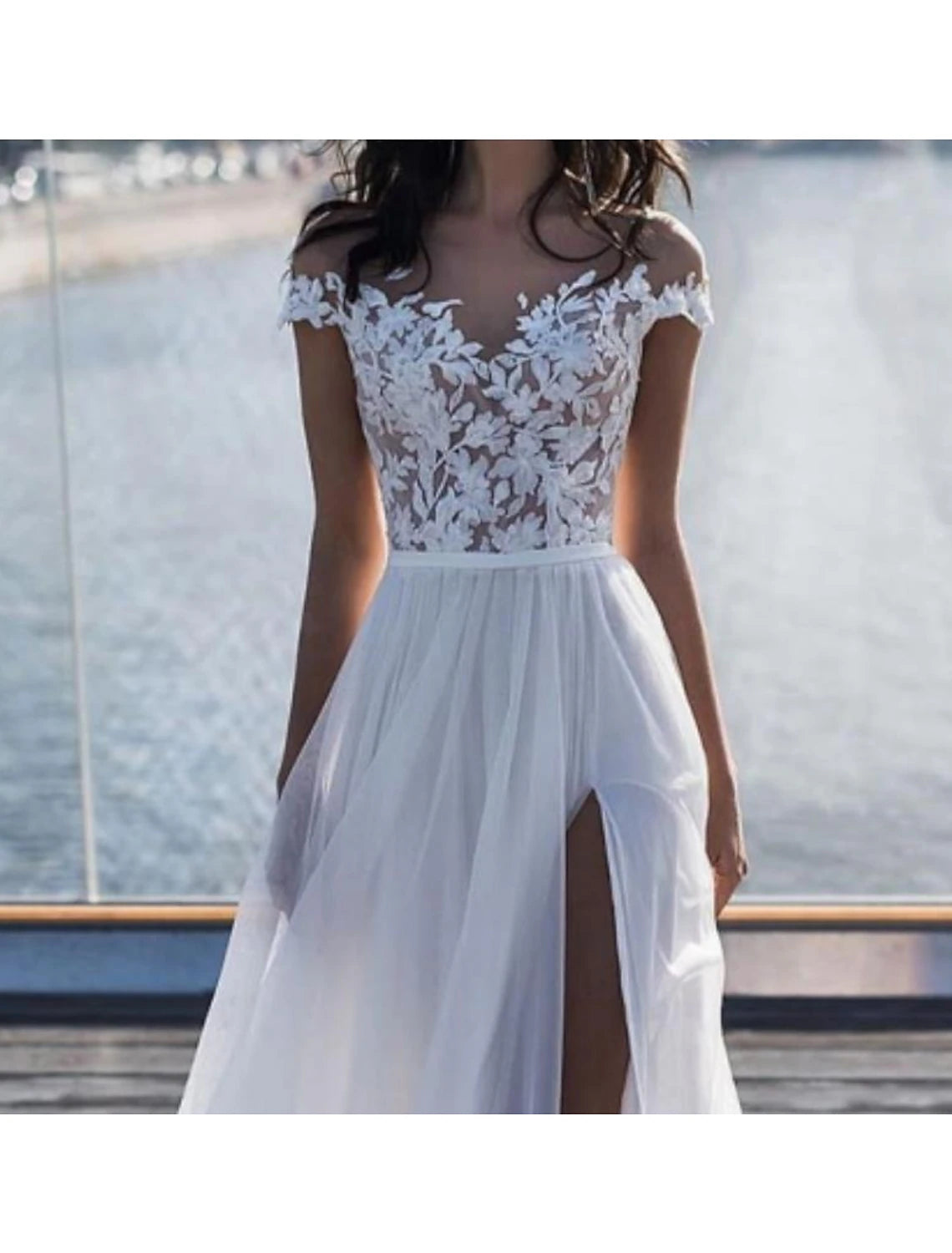 Beach Sexy Wedding Dresses A-Line Off Shoulder Sleeveless Sweep / Brush Train Chiffon Bridal Gowns With Split Front