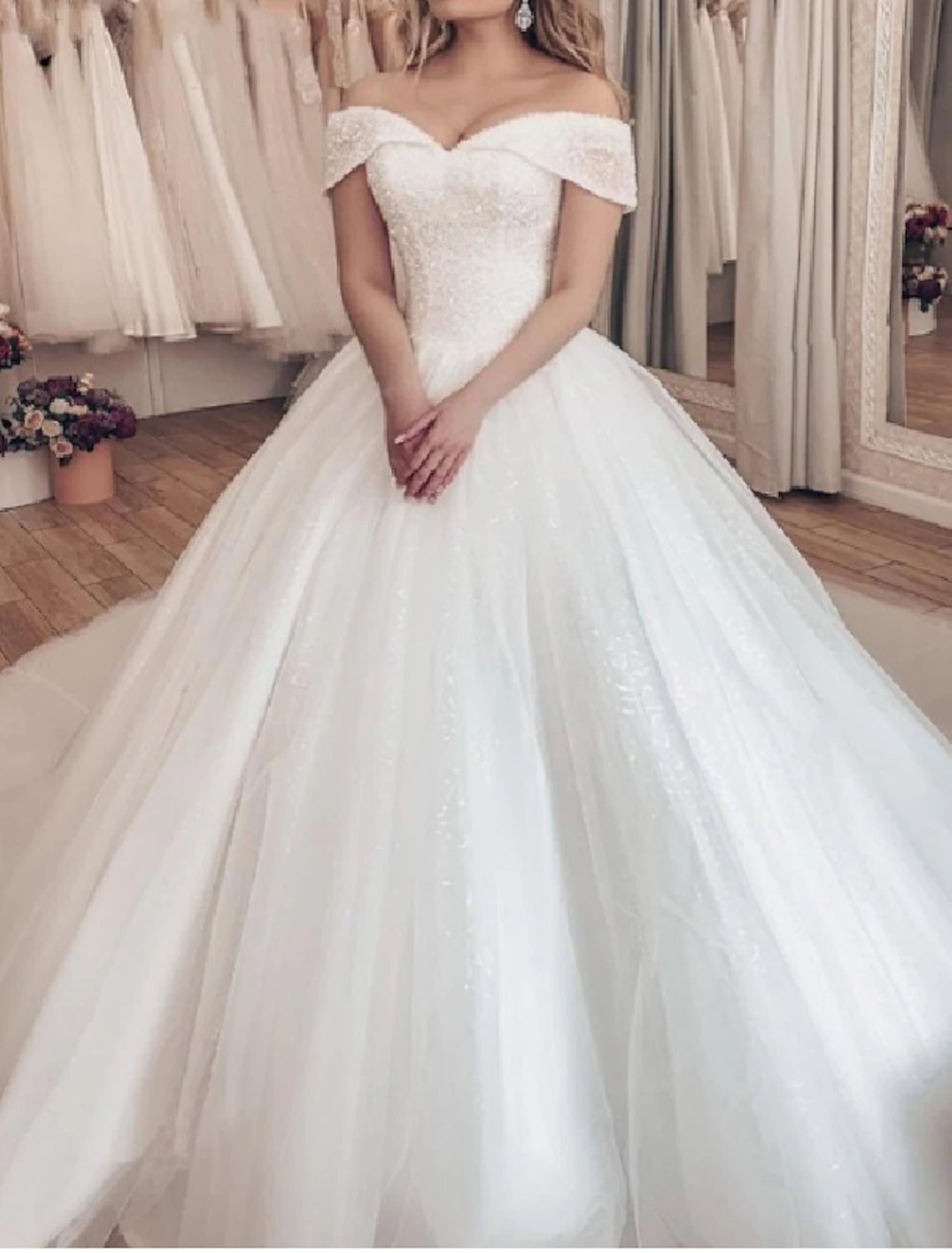 Engagement Formal Fall Wedding Dresses Ball Gown Off Shoulder Cap Sleeve Chapel Train Tulle Bridal Gowns With Pleats Sequin Summer Wedding Party, Women‘s Clothing