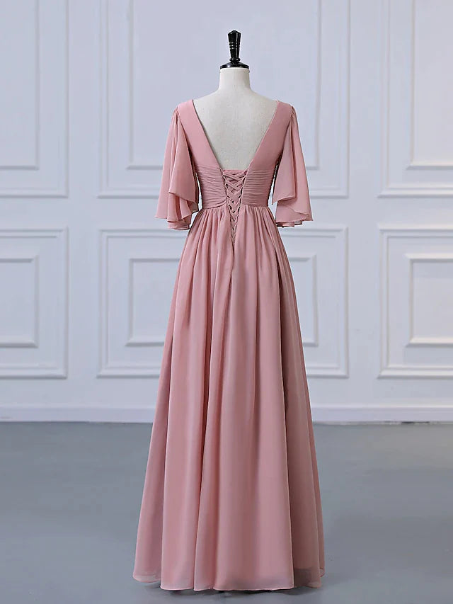 DingjiA-Line Bridesmaid Dress V Neck Half Sleeve Elegant Floor Length Chiffon with Pleats / Ruffles